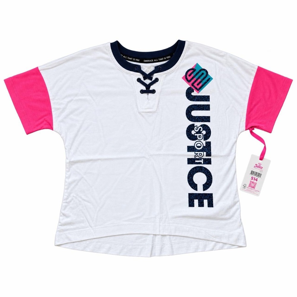 Justice Sport Girls Lace Up Graphic Tee White Pink Glitter Logo Size L 12/14